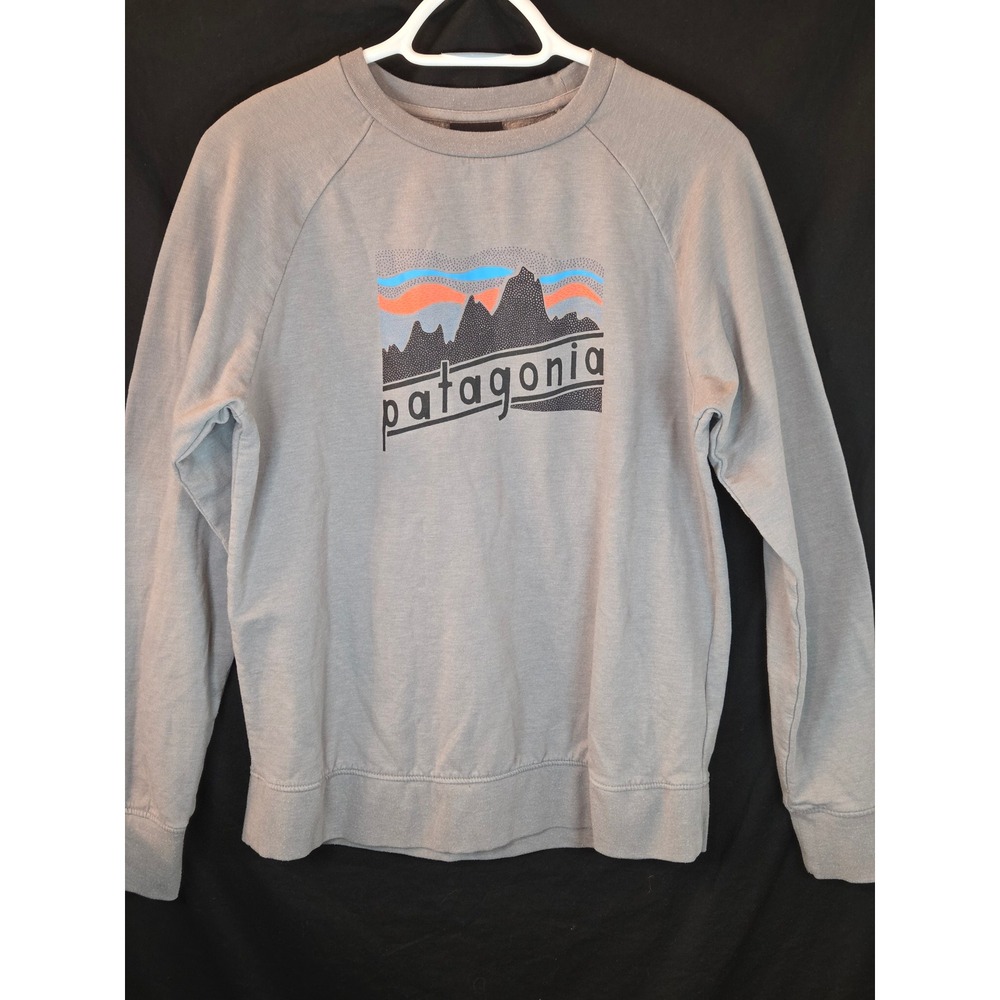 Patagonia Kids Organic Cotton Crewneck Sweatshirt Graphic Mountain Logo Gray XXL